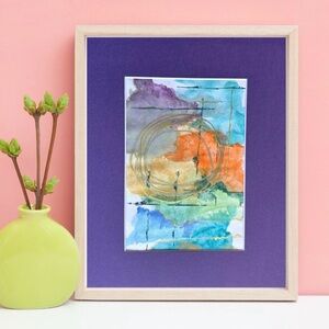 Hand Painted Art Original Abstract Watercolor Painting With Purple Mat Signed